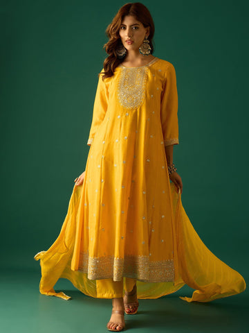 Gracefully Crafted In Rich Vichitra Fabric With Zari Embroidery, This Elegant 3-Piece Anarkali Set Blends Festive Charm With Timeless Style